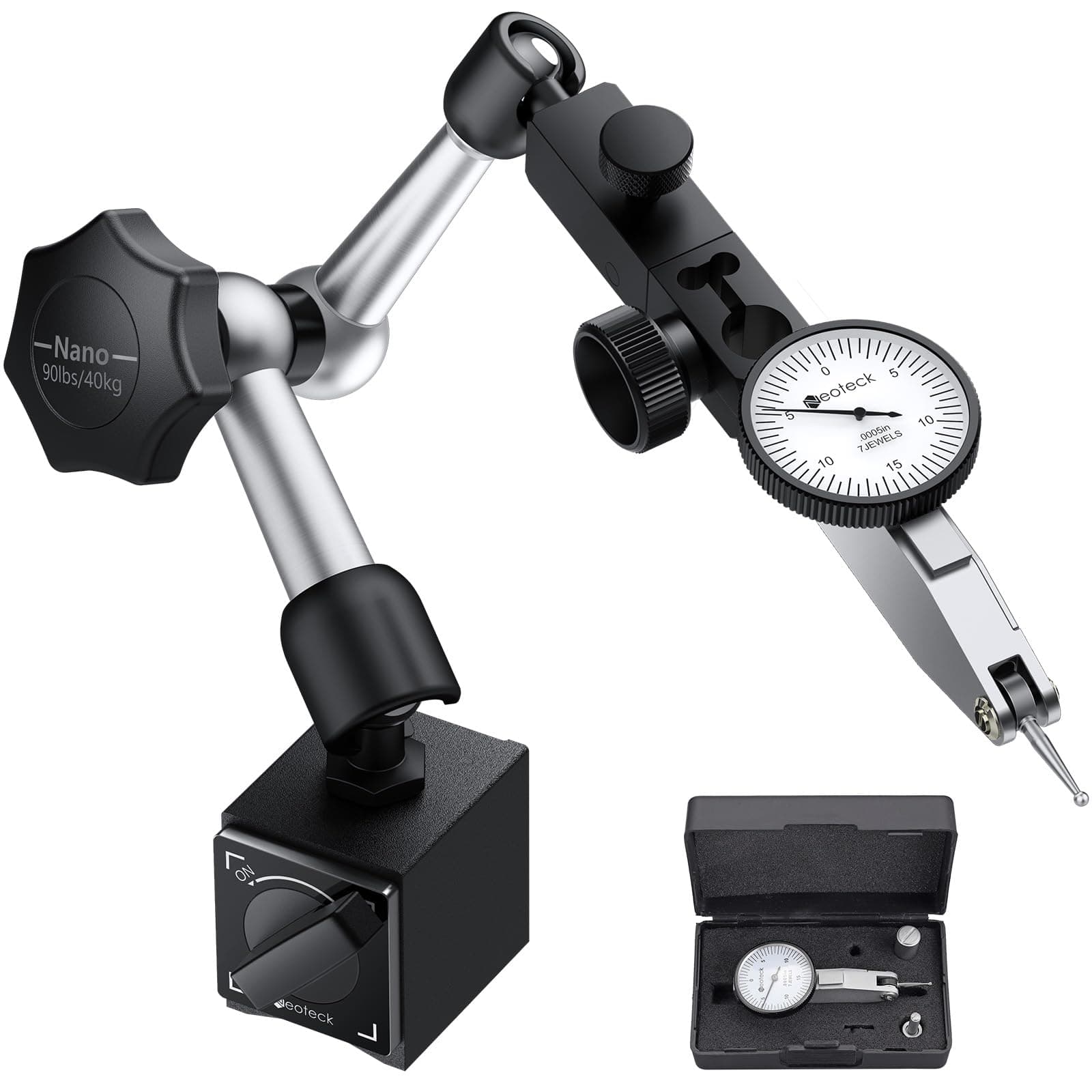 Dial Test Indicator with Magnetic Base Stand and Storage Case, 0-0.03"/0.0005" Test Indicator Set with 2 Steel Dovetail Clamps 3/8'' and 5/32'' for Machine Set-Up, Narrow Area Measurement