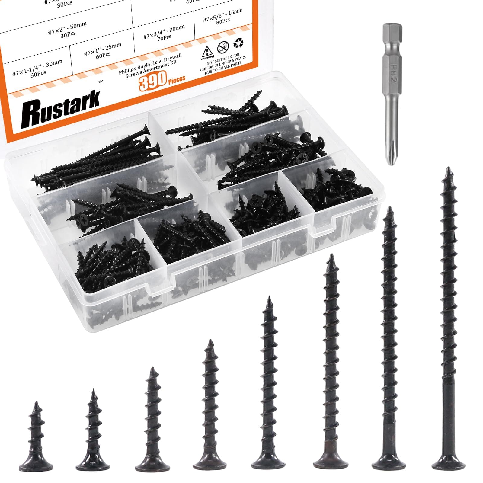 Rustark 390Pcs M4 Coarse Thread Drywall Screw with Phillips Drive Black Oxide Finsh Bugle Head Wood Screws Assortment Kit Ideal for Drywall Sheetrock