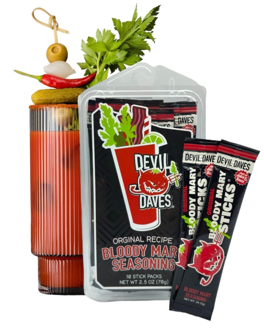 - Devil Daves Bloody Mary Stick Packs, Original Medium (10 Pack) | Single Serve Bloody Mary Mix Packets, Dry Seasoning for Tomato Juice cocktails.