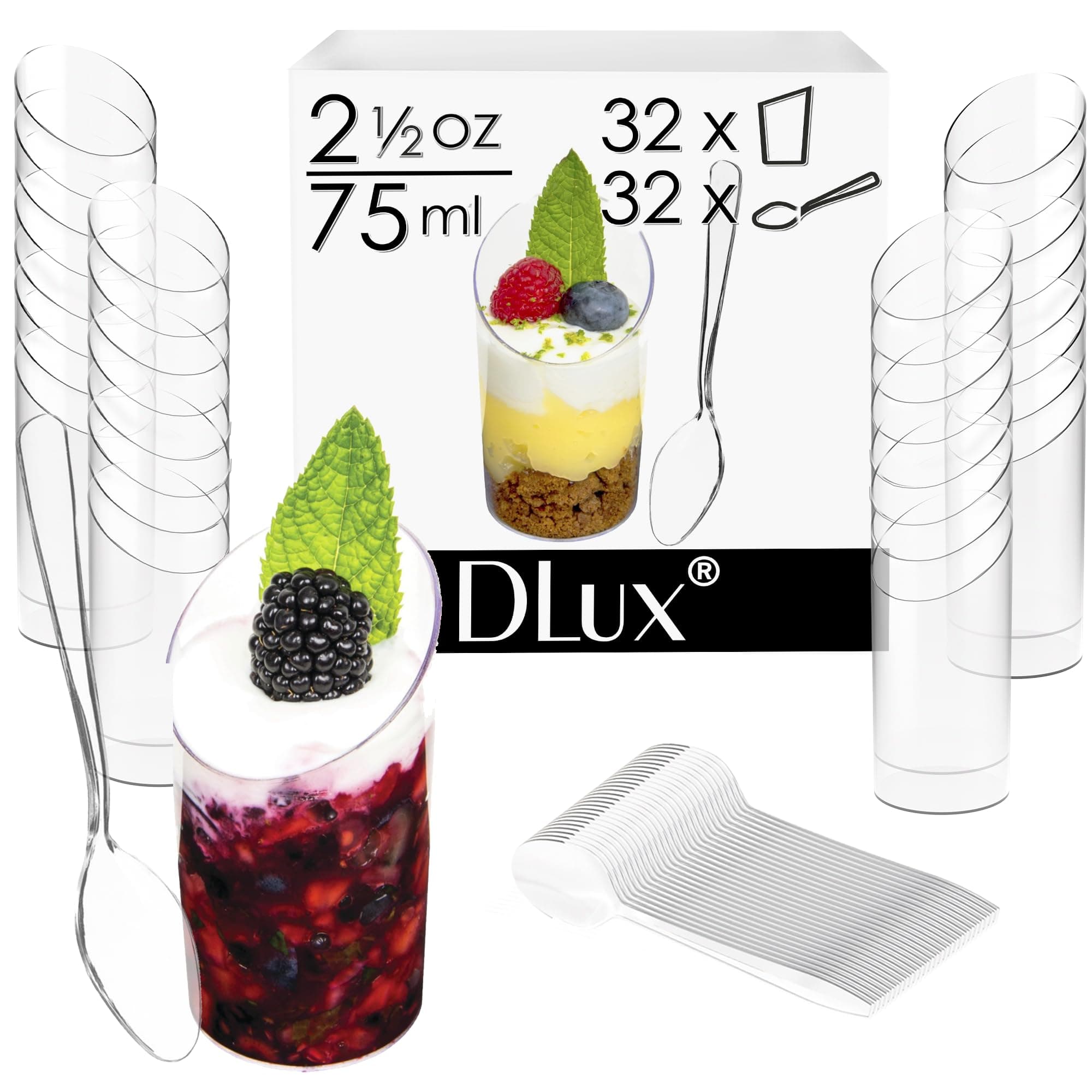 DLuxDessert Cups with Spoons, 75 ml 32 Pcs - Clear Plastic Parfait Appetizer Cups, Slanted Round Reusable Shot Glass Bowl for Party Desserts Appetizers - with Recipe Ebook