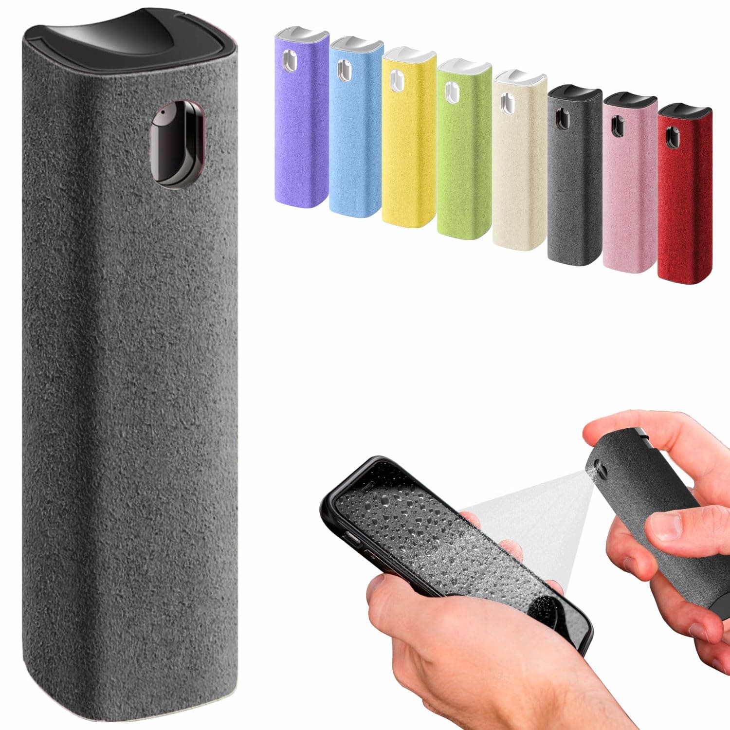 IO CLEAN Mini Screen Cleaner Spray – Finger Proof Screen Cleaner for Smartphones, iPads, MacBooks, Laptops, Car Screens, Touchscreens – 3 in1 Mist Cleaner, Microfiber Cloth and Protective Cover (Grey)