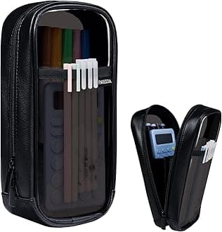 Fmeida Clear Pencil Case - Upgraded 4 Compartment Pencil Pouch, Waterproof Adult Pencil Bag Aesthetic Marker Pouch Stationary Bag Office Organizer for Office Business Travel - Black PU&PVC