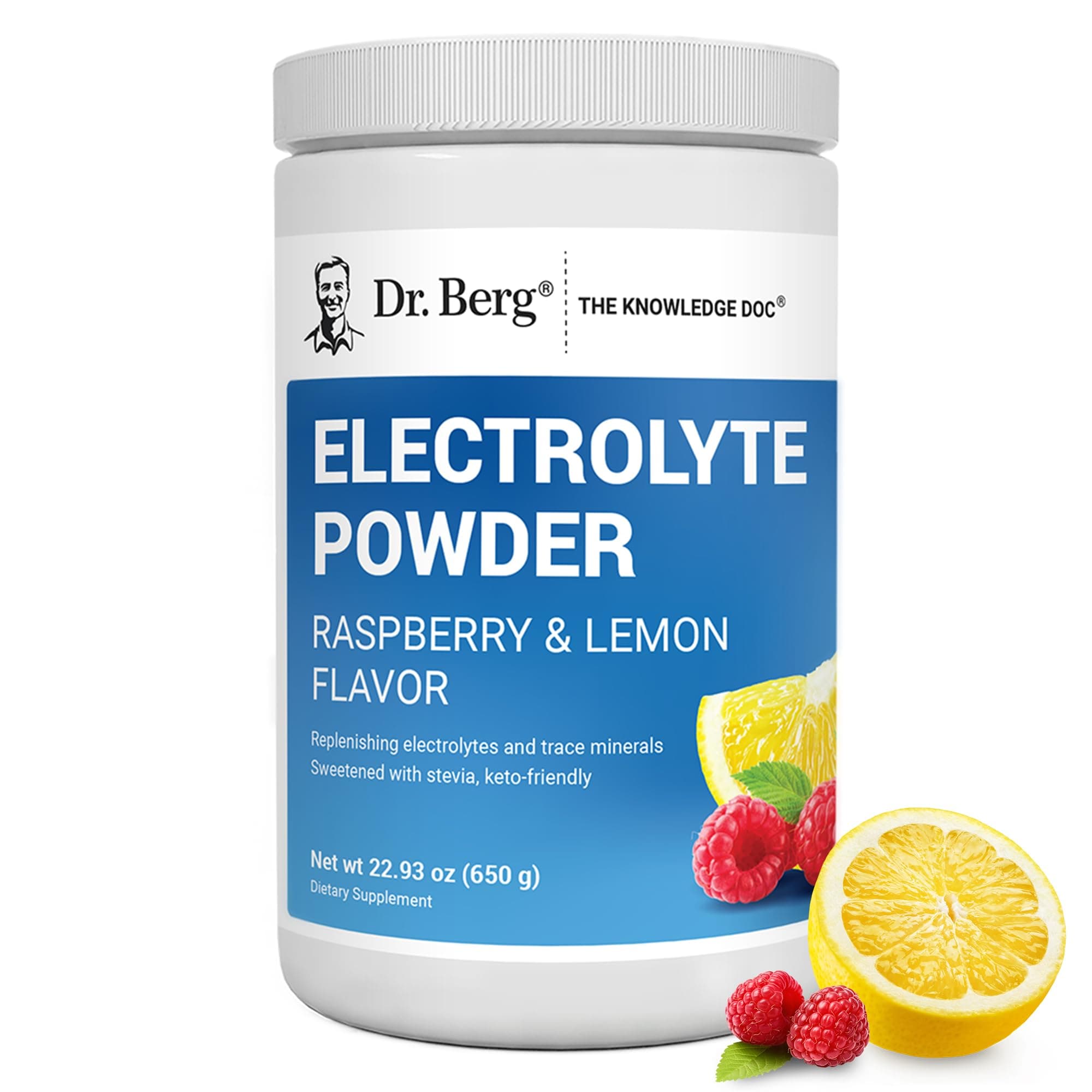 Dr. Berg Zero Sugar Hydration Keto Electrolyte Powder - Enhanced w/ 1000 mg of Potassium & Real Pink Himalayan Salt (NOT Table Salt) - Raspberry & Lemon Flavor Hydration Drink Supplement, 100 Servings