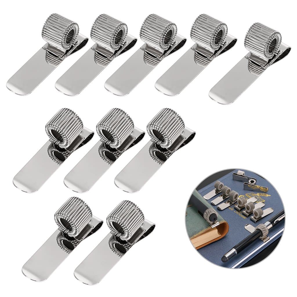 BTSKY Stainless Pen Holder Clip for Notebook and Clipboard with Spring 5 Top & 5 Side Fit Fits Almost All Pen Size, Use in Home Office Kitchen Car and Pocket 10 Pack (Silver)