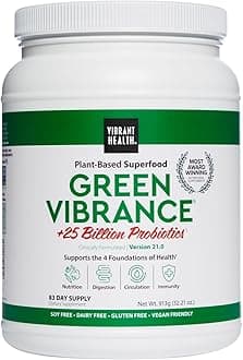 Vibrant HealthGreen Vibrance, Includes 65 Plant-Based Superfoods, 25 Billion Probiotics, Fiber, Adaptogens & Enzymes, 83 Servings (FFP)