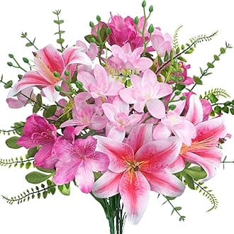 10 Pcs 18.5" Pink Easter Lily Artificial Flowers Silk Fake Lilies Pink Flower Bouquet Fake Spring Flowers Floral Arrangements for Easter Day Home Wedding Table Centerpieces Decor