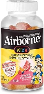 Airborne Vitamin C 500mg (per serving) - Assorted Fruit Flavored Kids Gummies (63 count in a bottle), Gluten-Free Immune Support Supplement With Vitamins C E, Selenium