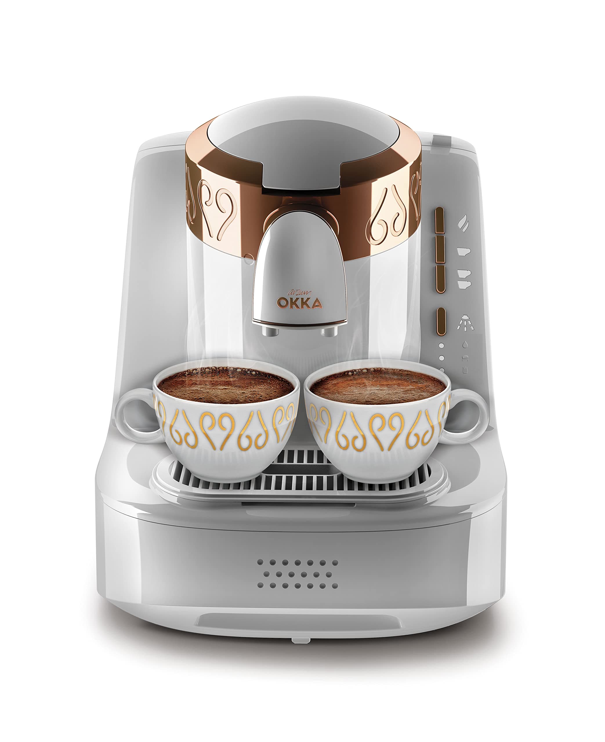 OKKA Automatic Turkish Coffee Machine with Patented Foam Technology | Auto-Altitude Detection, Slow Brew (4-Min), 2-Cup, White/Copper. 1 Year Manufacturing Warranty