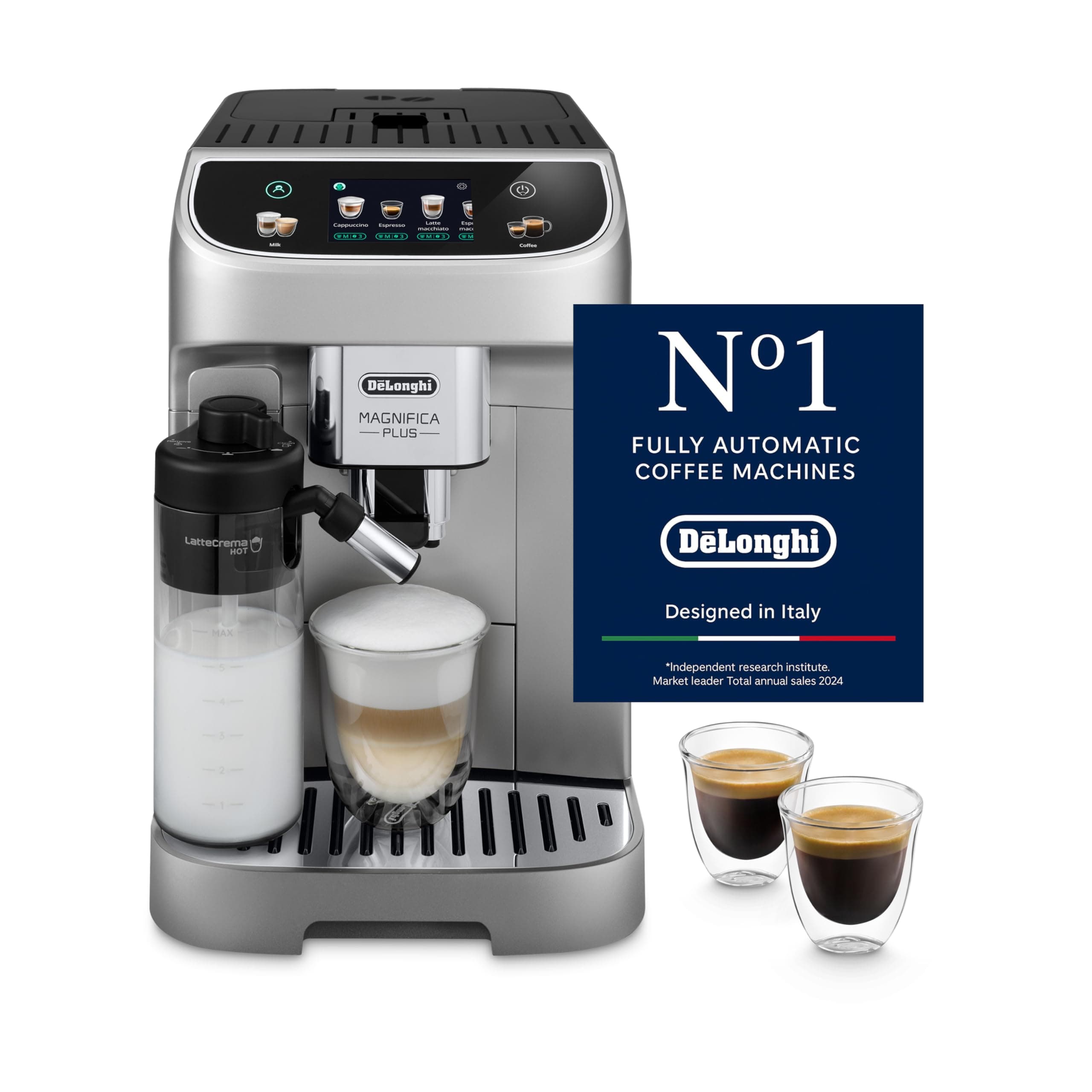 De'Longhi Coffee Machine MAGNIFICA PLUS Fully Automatic Espresso Machine with 24+ Hot & Iced Beverages, Color Touch Display, 13 Grinder Settings, LatteCrema, Twin Shot ECAM322.70.SB (Made in Europe)