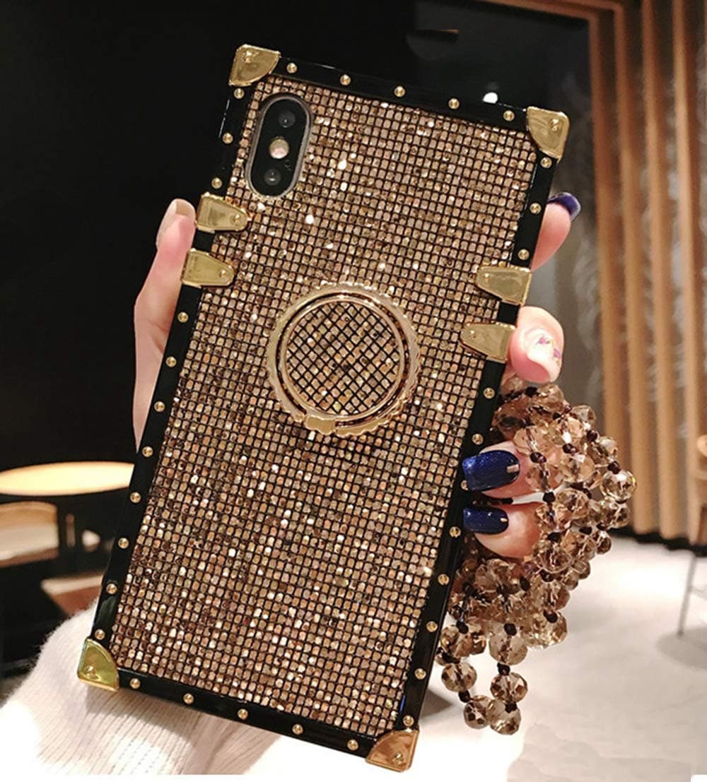 for iPhone 7 Plus /8 Plus Luxury Bling Glitter Sparkle Cute Gold Corner Soft Shock-Absorption Phone Holder Case Cover with Strap - Gold
