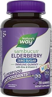 Nature's Way Sambucus Zero Sugar Elderberry Immune Gummies for Kids, Immune Support*, with Vitamin C, Zinc, Black Elderberry Extract, 70 Count (Packaging May Vary)