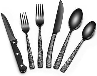 Black Hammered Silverware Set with Steak Knives, 24-Piece Stainless Steel Wave Flatware Set for 4, Food-Grade Tableware Cutlery Set, Utensil Sets for Home Restaurant, Mirror Finish, Dishwasher Safe