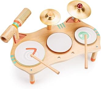 OATHX Kids Drum Set for Toddlers 3+, All-in-One Montessori Musical Instruments - Wooden Music Toys for Baby, Neutral Colors, Sensory Preschool Drum Kit, Birthday Gifts for Boys Girls