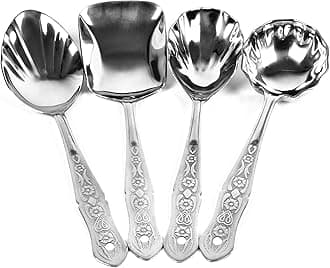 ESTOILE Stainless Steel Serving Spoon Set for Dining | Spatula Set - 1 Ladle Karchi, 2 Solid Spoons Chamcha, and 1 Rice Spoon (Set of 4) (25 Centimeter)