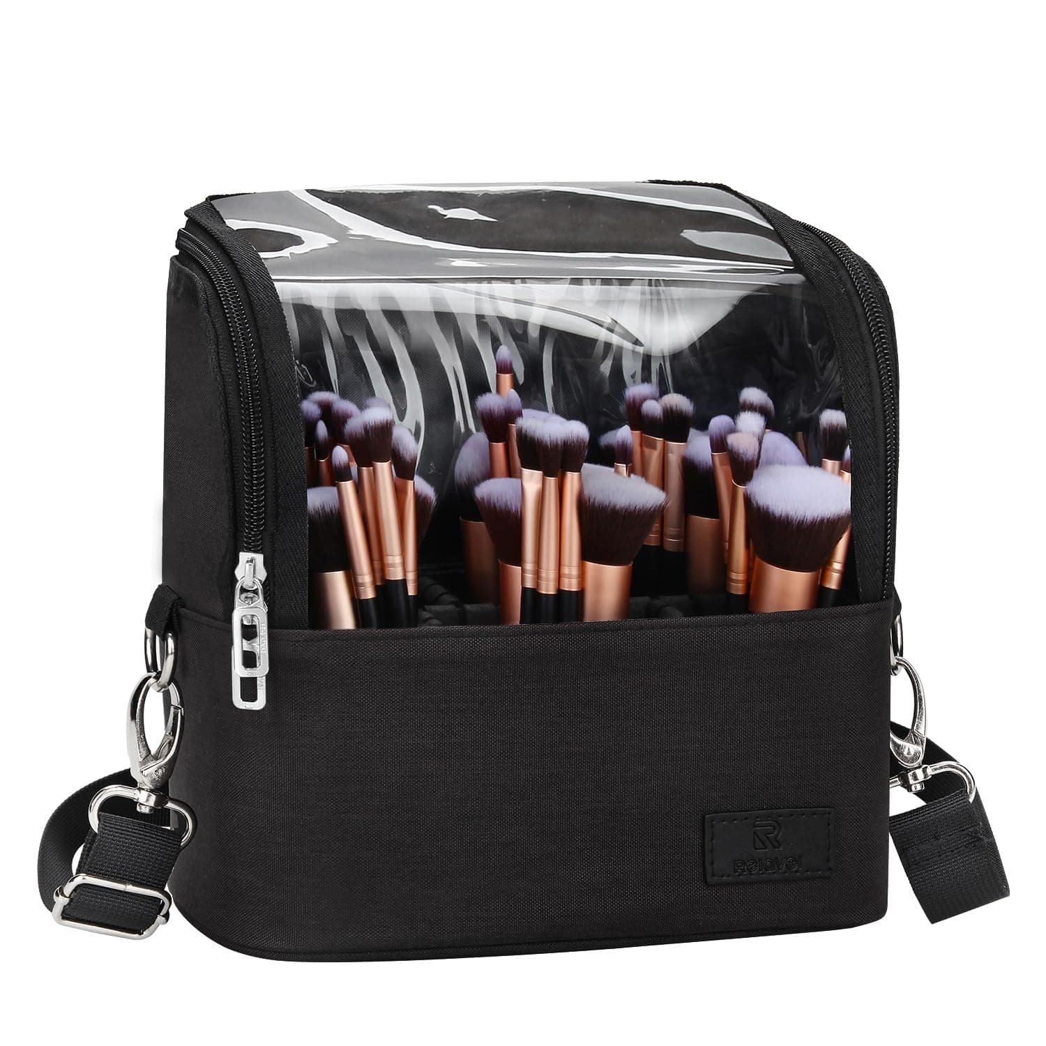 Makeup Brush Case Stand-up Makeup Cup Makeup Brush Holder Travel Professional Cosmetic Bag Artist Storage Bag with Shoulder Strap and Adjustable Divider (large black)