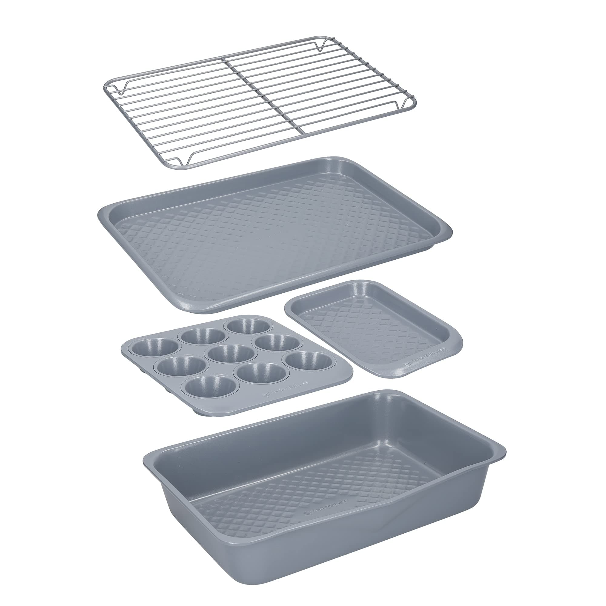 Smart Ceramic Stackable Bakeware Set, Carbon Steel with Robust Ceramic Coating, Grey, 5 Pieces
