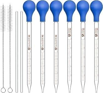 Weewooday Glass Droppers Pipettes Graduated Lab Dropper Glass Liquid Pipette with Big Rubber Hats 20 cm Stir Rod Washing Brush Transfer for Liquid Essential Oil(16 Pieces,Blue,5 Ml, 10 ml)