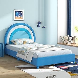 HONEY JOY Twin Bed Frames for Kids, Toddler Wooden Twin Bed Platform with Headboard & Slat Base, No Box Spring Needed, Children Bedroom Furniture for Boys Girls, Fits Standard Twin Mattress, Rainbow