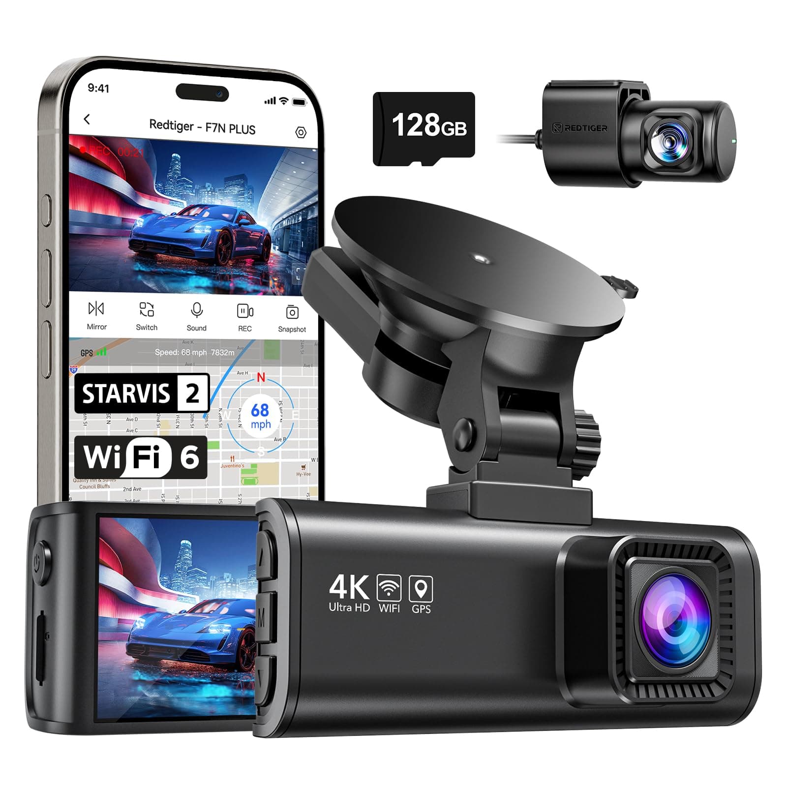 REDTIGER 4K Dash Cam Front Rear, STARVIS 2 Sensor, Free Card Included, 5.8GHz WiFi-20MB/s Fast Download, Dash Camera for Cars with GPS, WDR Night Vision, 170°Wide Angle, 24H Parking Mode(F7NP)