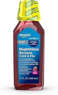Amazon Basic Care Nighttime Severe Cold and Flu Syrup, Max Strength Liquid Medicine, Multi-Symptom Relief, for Adults and Children 12 Years and Older, Mixed Berry Flavor, 12 fl oz (Pack of 1)