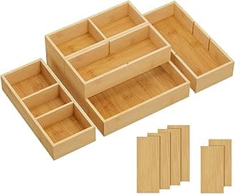 Drawer Organizers 5 Pack(11 Grid) with 6 Inserts, Adjustable Bamboo Wooden Drawer Dividers, Stackable Storage Box for Utensils, Silverware, Makeup, Junk in Kitchen/Bathroom/Office/Vanity