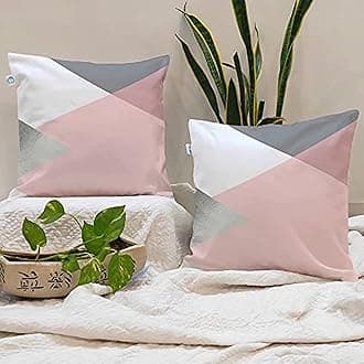 STITCHNEST Set of 2 Polycotton Cushion Covers – 24x24 Inches – Pink, Grey & White Geometric Triangle Design – Modern Sofa Cushion Covers for Living Room & Bedroom Decor