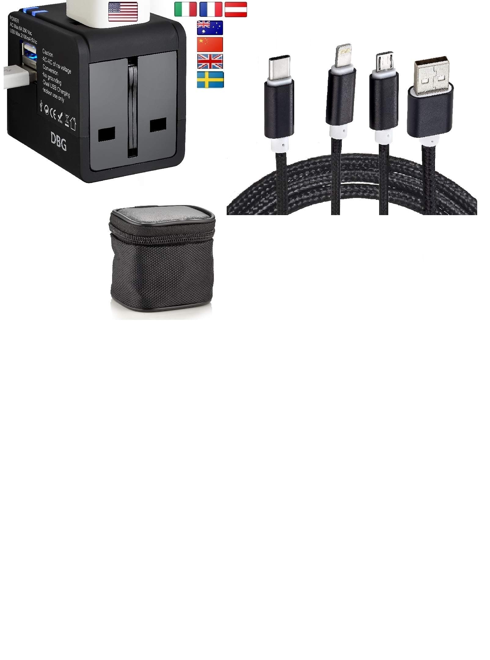 Universal Fast Charging Bundle. Travel Plug Adapter Dual USB + Universal 3 in 1 Cable. US to Europe Italy Thailand Sweden India More Than 150 Countries Multi USB Type C Type A.