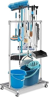 Broom Holder Organizer Movable Closet Storage Cabinet Mop Rack Floor Standing Cleaning Supplies Tool Cart For Garden Garage Schools Hotels Hospitals Factories Property Companies Restaurant (10 Racks)
