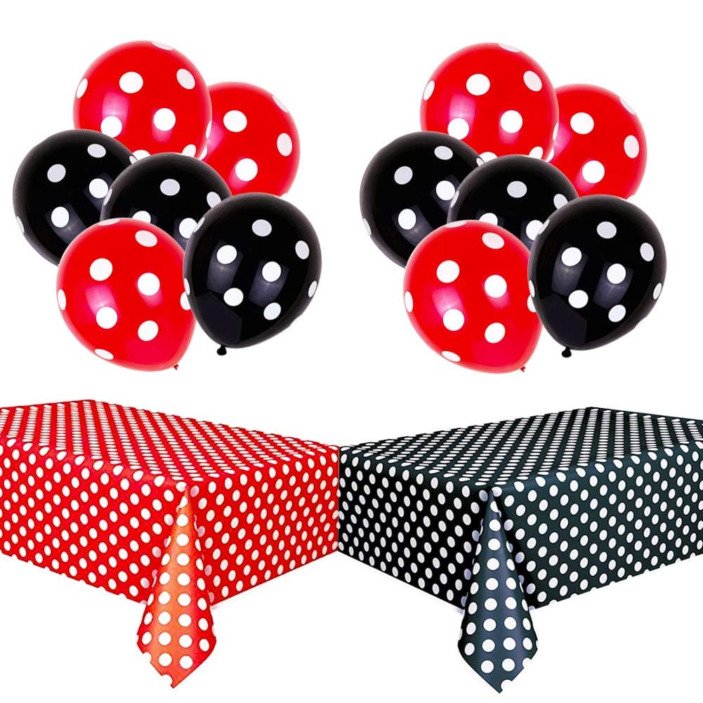 TONIFUL Polka Dot Party Decorations Kit with 2 Pack Red & Black Polka Dot Plastic Tablecloth and 12 Pcs Red &Black Polka Dot Balloons