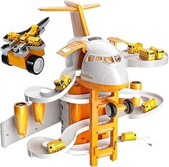 TEMI Kids Airplane Car Toys - Transport Plane Adventure Set for Boys Age 3-6 with 8 Vehicles, Interactive Race Track, Sound & Light Effects
