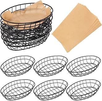 12 Pack Wire Bread Basket with 50 Sheets Deli Wrappers Paper, 9.65 x 6.1 x 2.17 Inch Metal Oval Bread Basket for Food & Fruit Serving – Durable Black Wire Baskets for Home & Kitchen