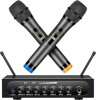 Wireless Microphone System Cordless Dynamic Mic UHF Dual Channel Wireless Handheld Microphone with Echo Bluetooth Volume Control for Karaoke Singing Church for Amplifier Speaker Mixer