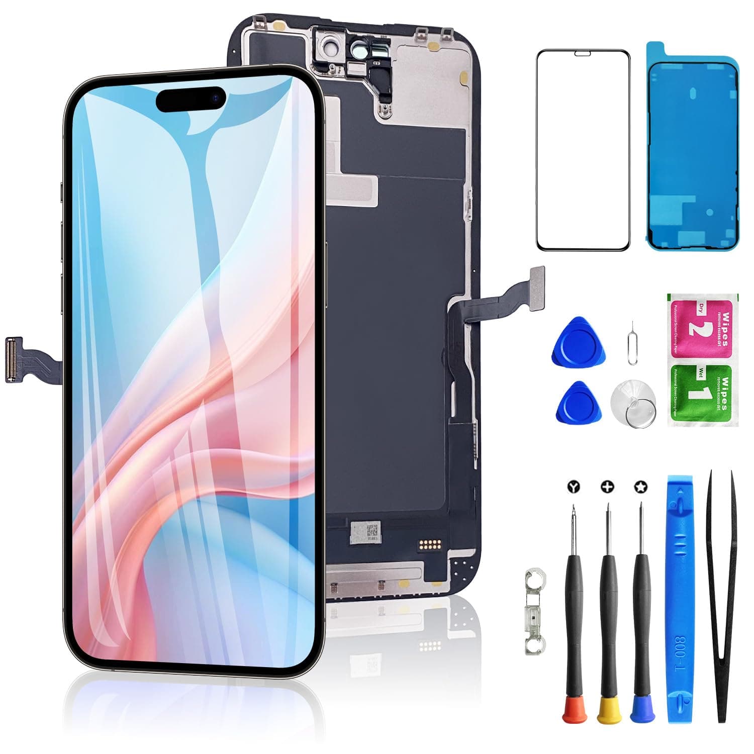 for iPhone 14 Pro Screen Replacement 6.1 Inch, Diykitpl 3D Touch LCD Display for A2650, A2889, A2892, A2891, A2890, with Repair Tools Kit+Waterproof Frame Sticker+Tempered Glass