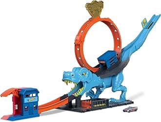 City Track Set with 1 Toy Car, Race Through a Giant Loop to Defeat a Big Dinosaur, T-Rex Loop Stunt and Race Playset