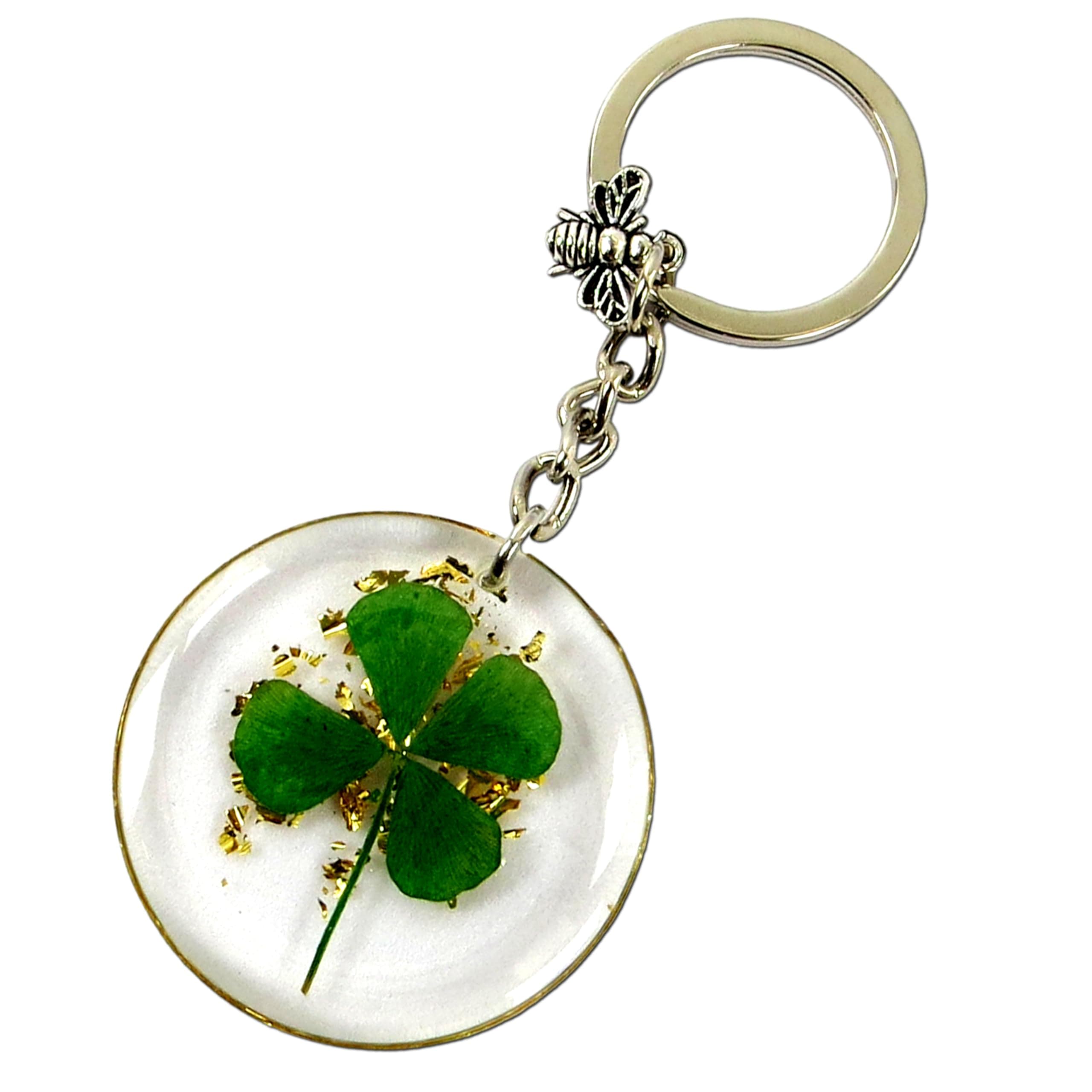 Real Lucky Green 4 Leaf Clovers Key Ring Four Leaf Clover Keychain for WomenGirl Boy Charms Keychain Accessories