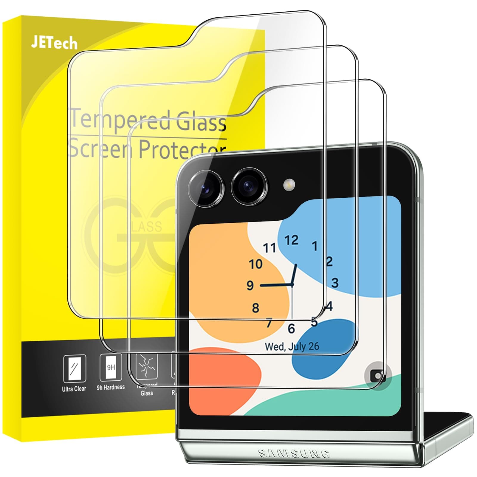 JETech Front Screen Protector for Samsung Galaxy Z Flip 5, 9H Tempered Glass Film, Anti-Scratch, HD Clear, 3-Pack