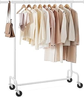 SONGMICS Clothes Rack with Wheels, Heavy-Duty Garment Rack with Extendable Hanging Rod, 286.6 lb Load Capacity, 17.7 x (43.3-59.1) x 64.1 Inches, Chrome-Plated, Matte White UHSR011W01