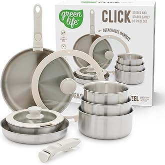 10 Piece Stainless Steel Pots and Pans, Detachable & Stackable Kitchen Set, Tri Ply Clad PFAS Free Cookware, Space Saving with Removable Handle, Induction & Oven Safe, RV Cookware, Glass Lid