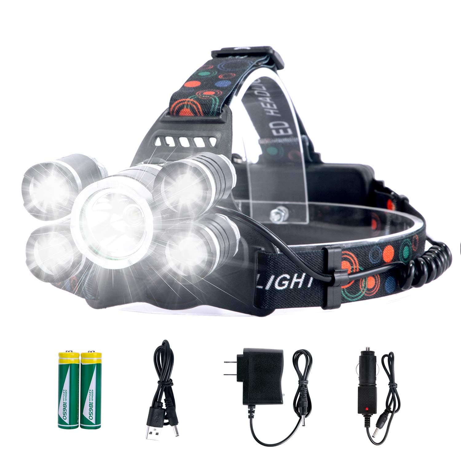 Headlamp Rechargeable LED Headlight 4 Modes, LED Waterproof Work Headlight, Brightest 10000 Lumens Flashlight, Recharged by USB/Plug in/Car Charger (All Include), for Camping, Running, Hiking, Fishing
