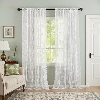 Kotile Ivory Lace Curtains 102 Inches Long for Living Room, 2 Panels Country Rustic Floral Vintage Sheer Lace Curtains, Rod Pocket Light Filtering Privacy Farmhouse Window Curtain Drapes, 52x102 Inch