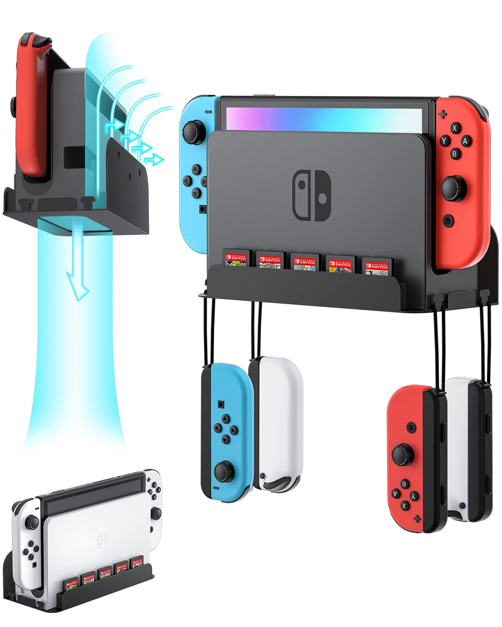 Wall Mount for Nintendo Switch 1 and Switch OLED, Metal Wall Mount Shelf Kit with 5 Game Card Holders and 4 Joy Con Hooks, Safely Store Switch Console Near or Behind TV, Black