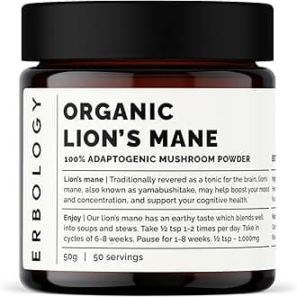 Erbology Organic Lion's Mane Mushroom Powder 50 Servings - 32% Beta-glucans - Calm and Focus - Hericium Erinaceus - Small Batch - Sustainably Grown in Europe - Vegan - Non-GMO - No Added Fillers