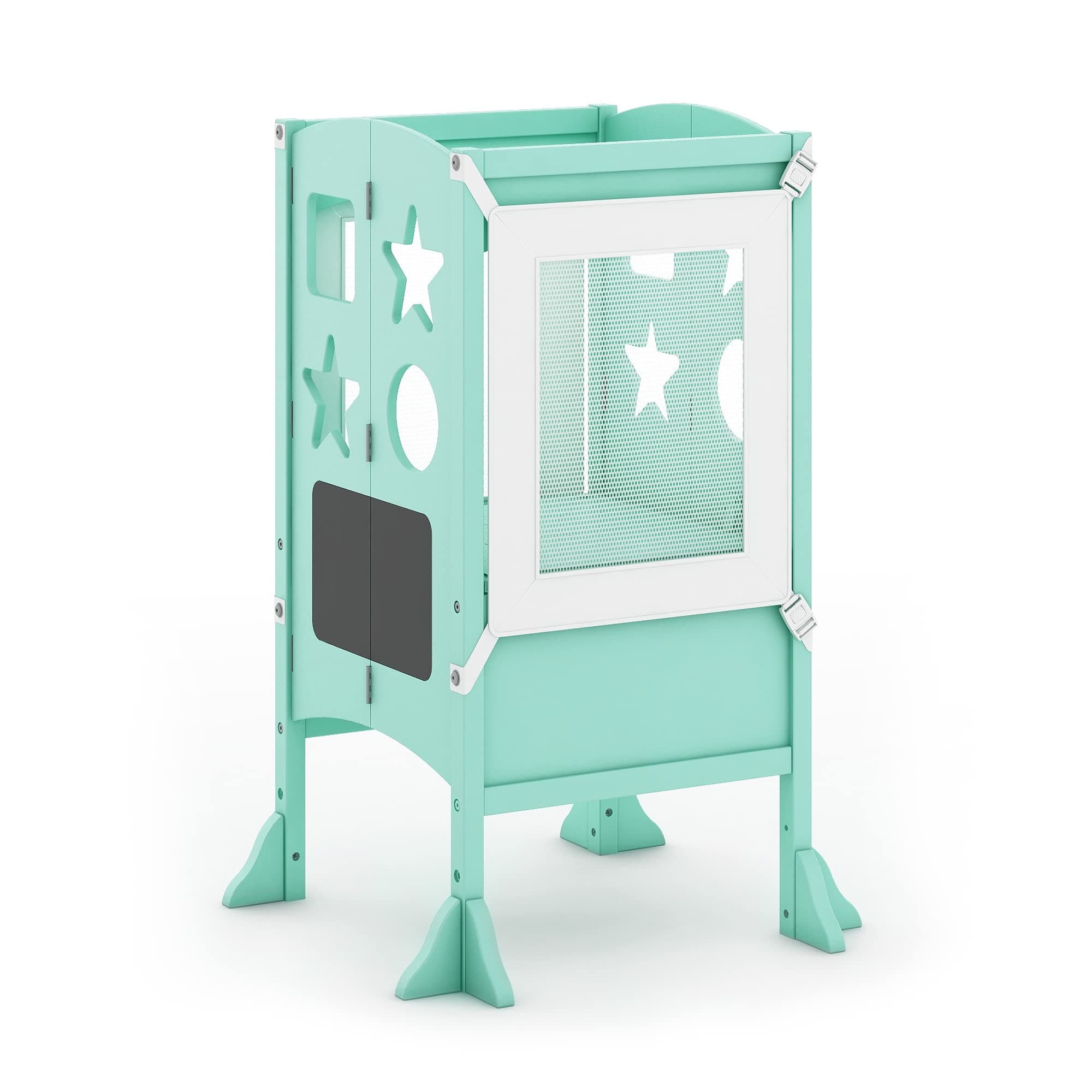 Guidecraft Classic Kitchen Helper® Stool and 2 Keepers - Blue: Adjustable Platform, Non-Slip mat, Mesh Keepers and Whiteboard/Chalkboard Surfaces