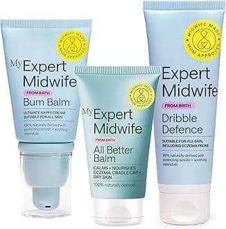 My Expert Midwife Newborn Baby Mega Mild Skin Saviours Kit, Clean Natural Ingredients, Suitable for Sensitive Skin + Fragrance Free, Set of 3 with Baby Nappy Cream, All Better Balm, Dribble Defence