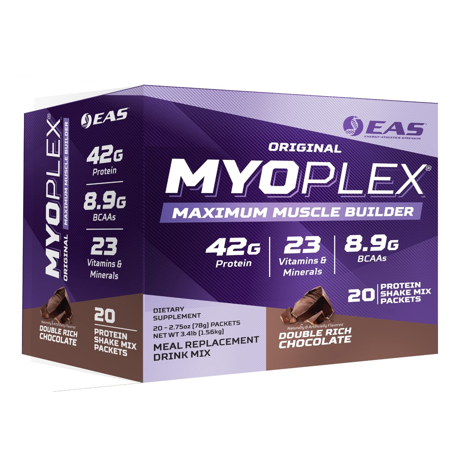 EAS Original Myoplex Maximum Muscle Builder | Meal Replacement Protein Drink Mix | Quality Protein Blend | 42g Protein | 20 Individual Packets (Double Rich Chocolate)