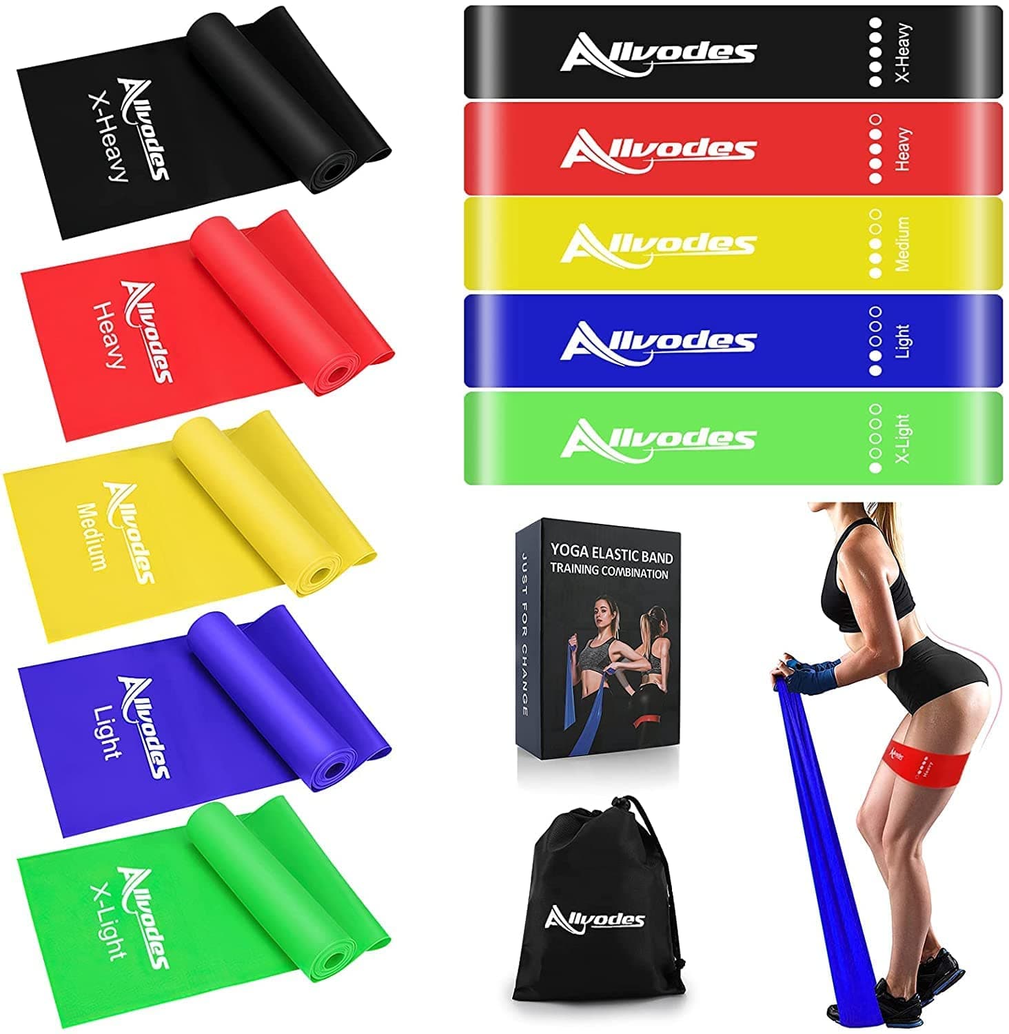 Allvodes Exercise Bands for Working Out, Resistance Bands Set with 5 Resistance Levels, Skin-Friendly Elastic Bands with Carrying Pouch for Home Workout, Strength Training, Yoga, Pilates