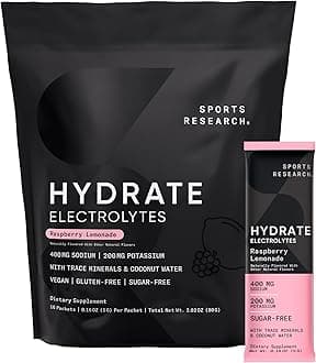 Sports Research® Hydrate Electrolytes Powder Packets - Sugar-Free & Naturally Flavored with Vitamins, Minerals, and Coconut Water - Supports Hydration - 16 Packets - Raspberry Lemonade