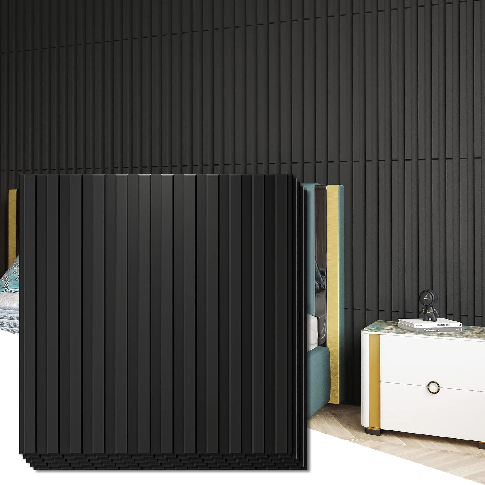 Slat Wall Panel, 3D Fluted Textured Panel 12-Tile 19.7 x 19.7in. - Black