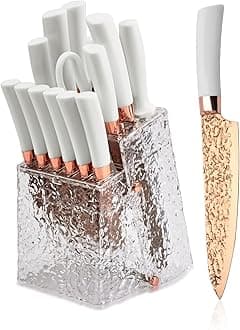 Kitchen Knife Set Non Stick Knives with Storage Serrated Steak Knife, Chef Knife, Bread Knife, Scissors, Sharpener, 14Pcs Sharp Cutlery Block Sets for Home & Pro Use Pearl White Handle Gold Blade
