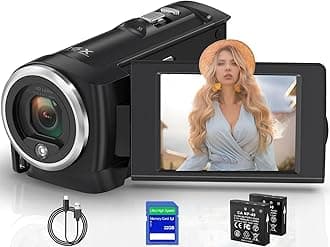 Muitune Camcorder Video Camera QHD 2.7K 56MP 16X Digital Zoom Vlogging Camera with LED Fill Light for YouTube, 2.8 Inch 270 Degree Rotation LCD Screen Camcorder with 32GB SD Card and Two Batteries